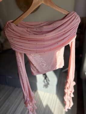 Women's Off Shoulder Top Pleated Design Rhinestones Ruffle Trim Pink Y2K Party